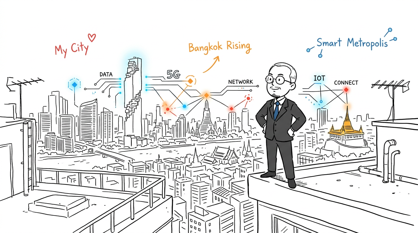 Dr Non against the Bangkok skyline — a city too big for a name tag
