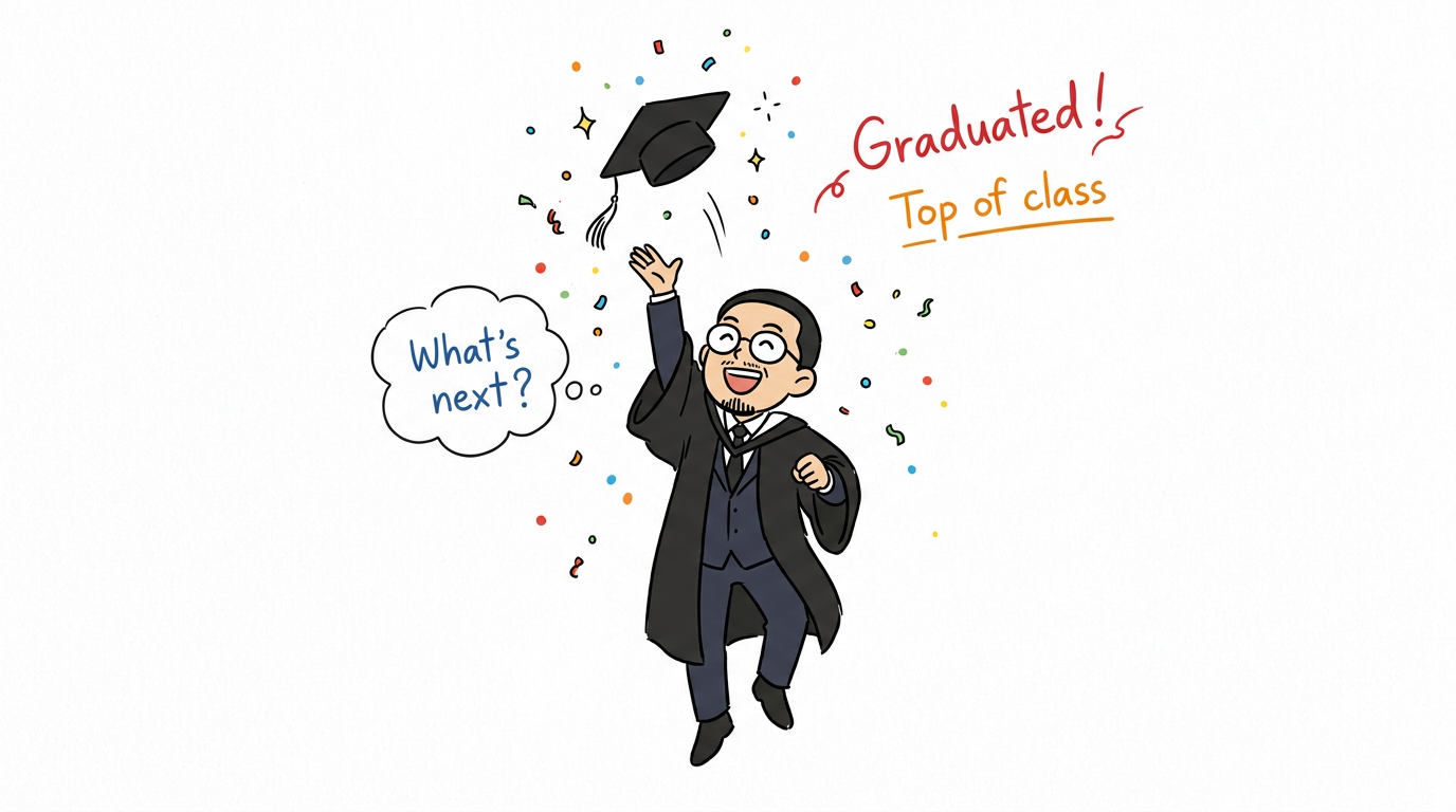 Dr Non throwing his graduation cap, annotated 'Graduated! Top of class' with a thought bubble: 'What's next?'