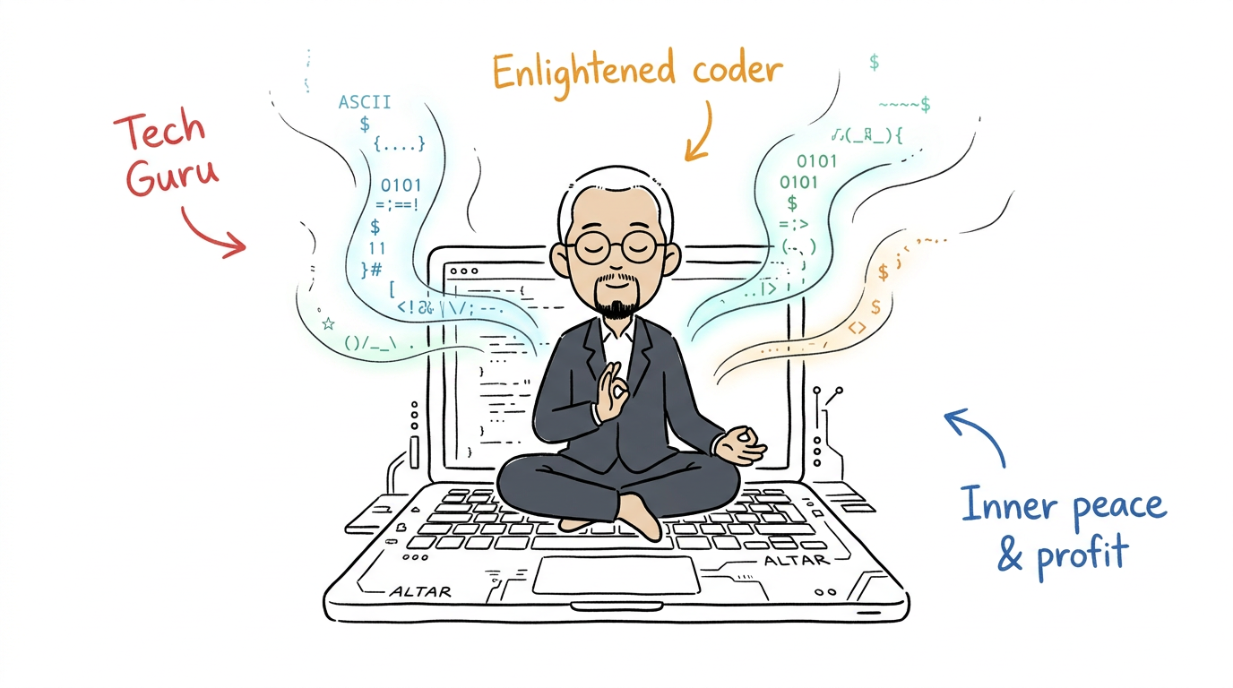 Dr Non at a laptop inside a temple — technology meets the ancient teaching