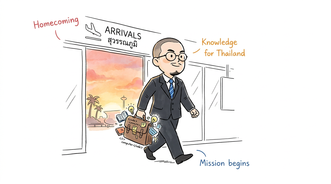 Dr Non walking through Suvarnabhumi arrivals gate, carrying knowledge back to Thailand — 'Homecoming · Knowledge for Thailand · Mission begins'