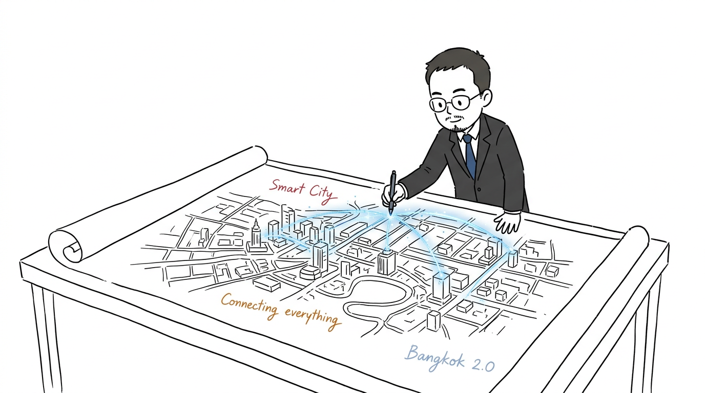 Dr Non leaning over a blueprint table, drawing a smart city plan annotated 'Smart City · Connecting everything · Bangkok 2.0'