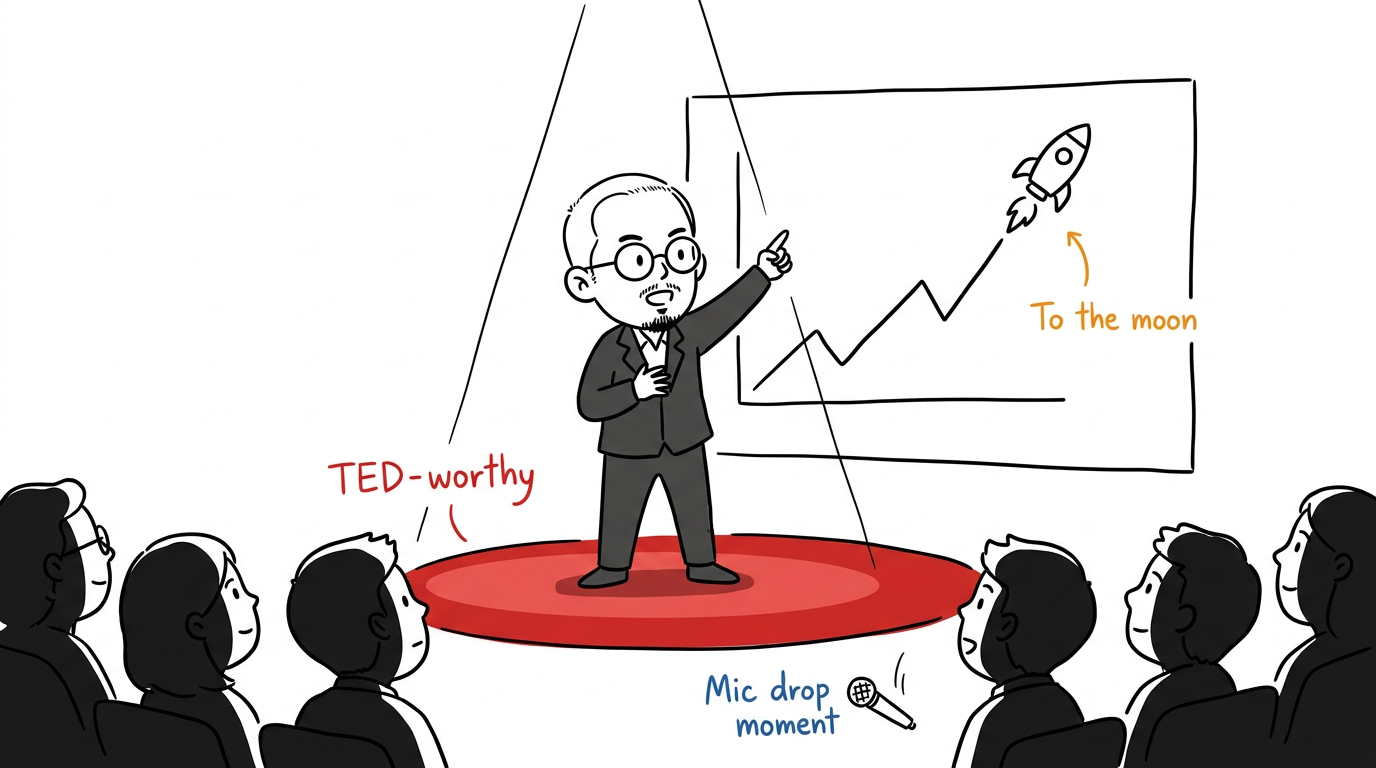 Dr Non on a red dot stage presenting to a full audience, annotated 'TED-worthy · Mic drop moment · To the moon'