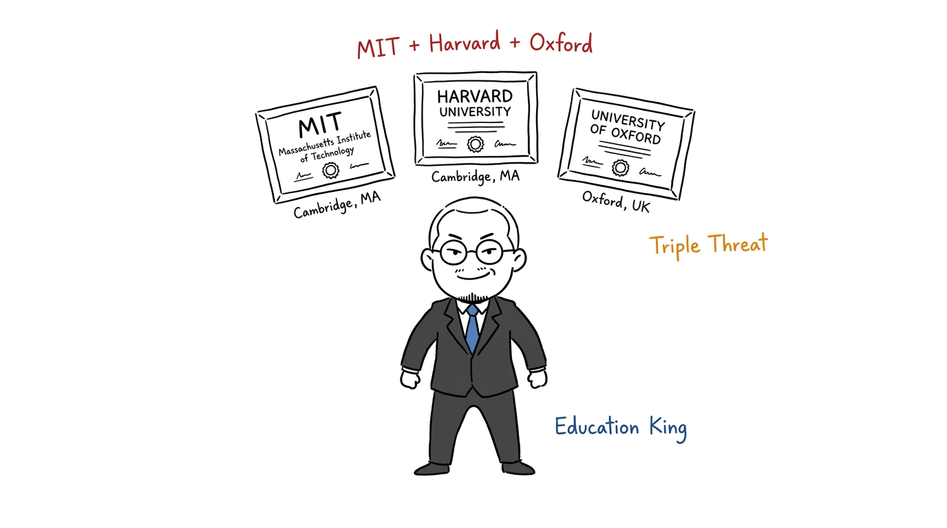 Dr Non standing beneath three framed diplomas — MIT, Harvard, Oxford — annotated 'Triple Threat · Education King'