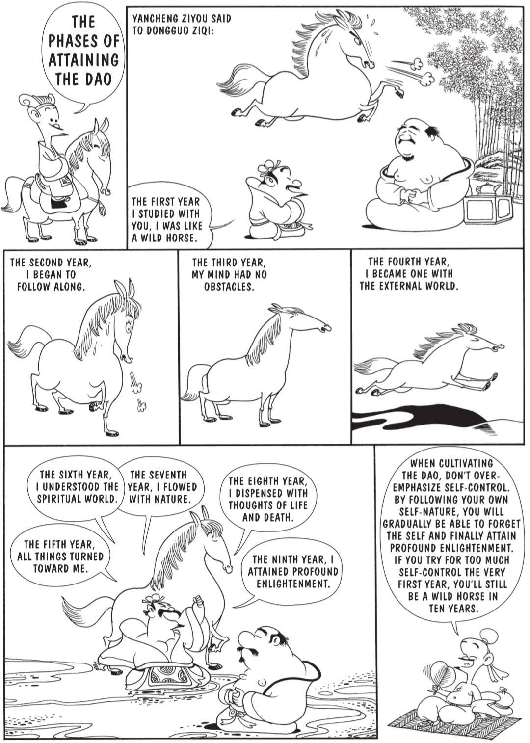 Tsai Chih-chung's cartoon of the nine-year phases of attaining the Dao, with images of horses transforming through the stages